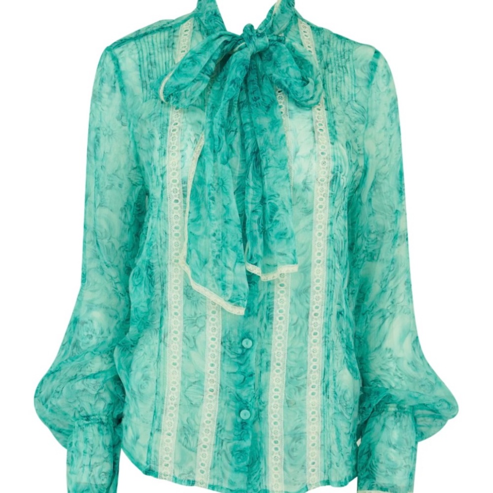 Luisa Beccaria Chiffon Teal Women's Blouse with Lace Detail
